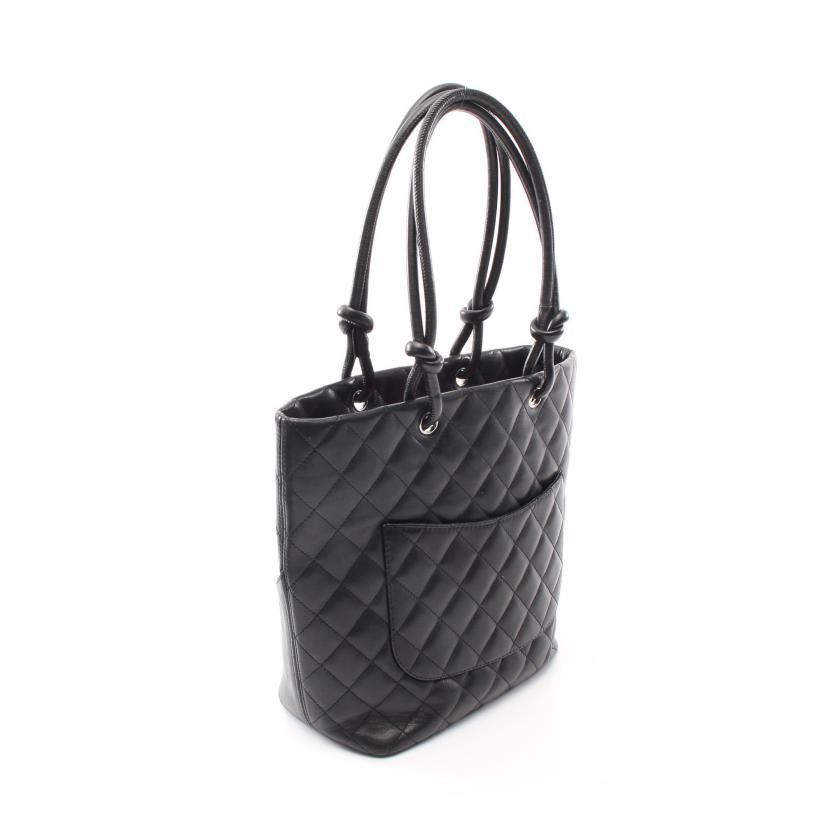 Chanel Cambon Line Medium Handbag Tote Bag Leather Black White Silver Hardware