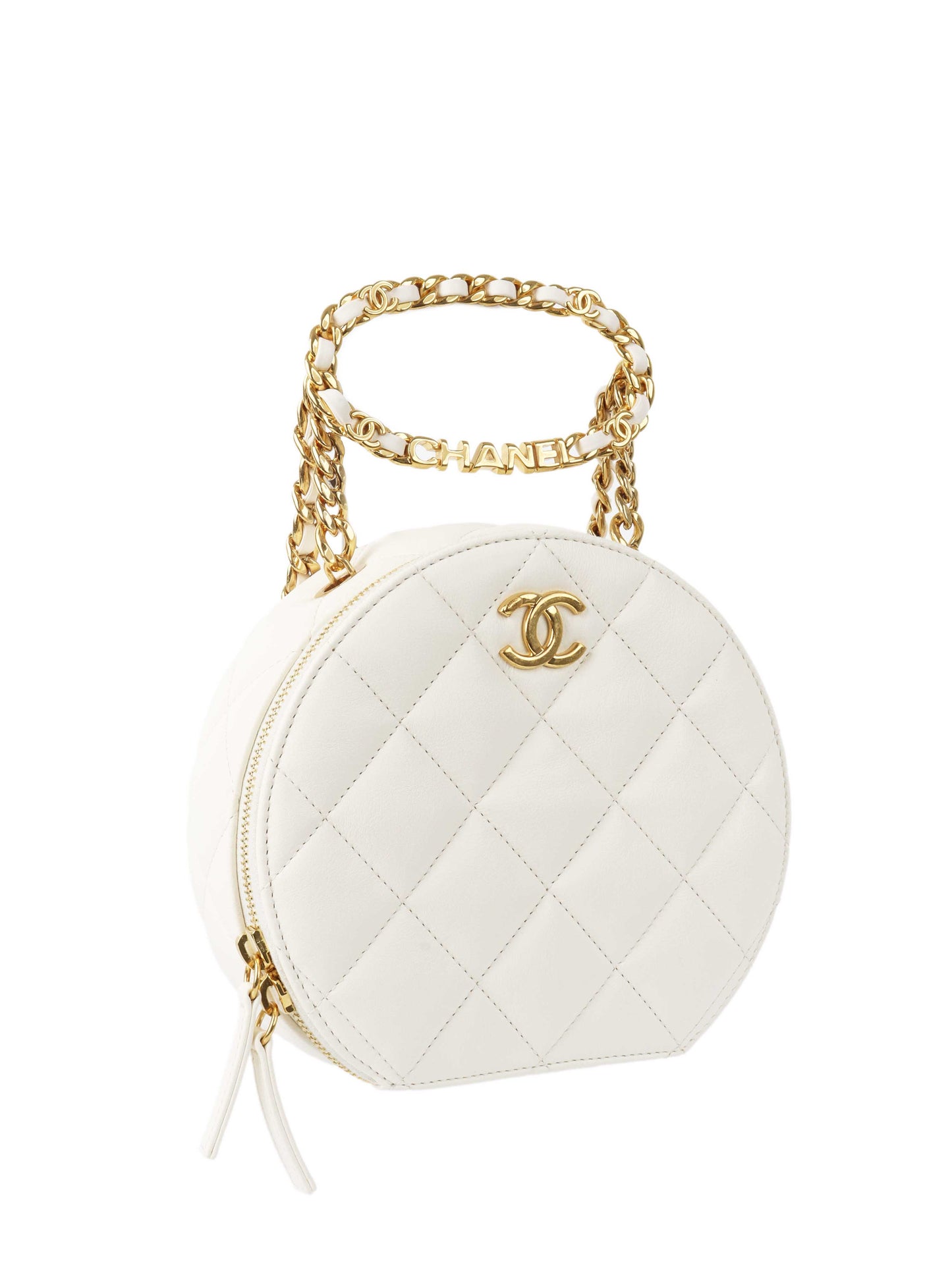 Chanel White Round Vanity with Chain Ring Handle.