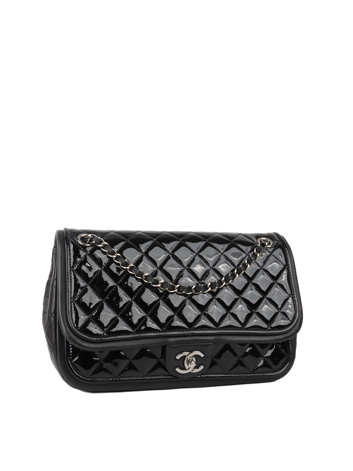 Chanel Black Patent Quilted Flap Bag SHW.