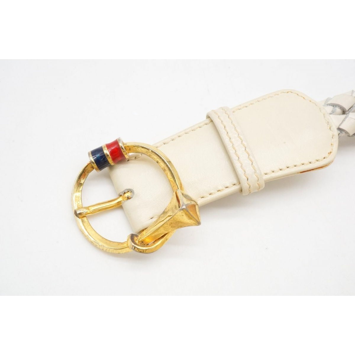 , Gucci, size 80/32, white leather belt with a round, gold buckle with red and blue enamel & two braided leather strands