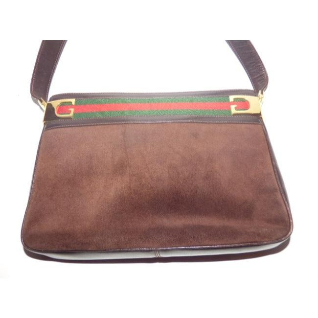 Gucci   Brown Suede And Leather With Red And Green Striped Top Hobo Bag