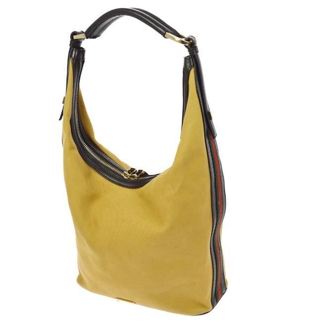 Gucci   Camel Canvas And Brown Leather Bottom With Red Green Stripe Hobo