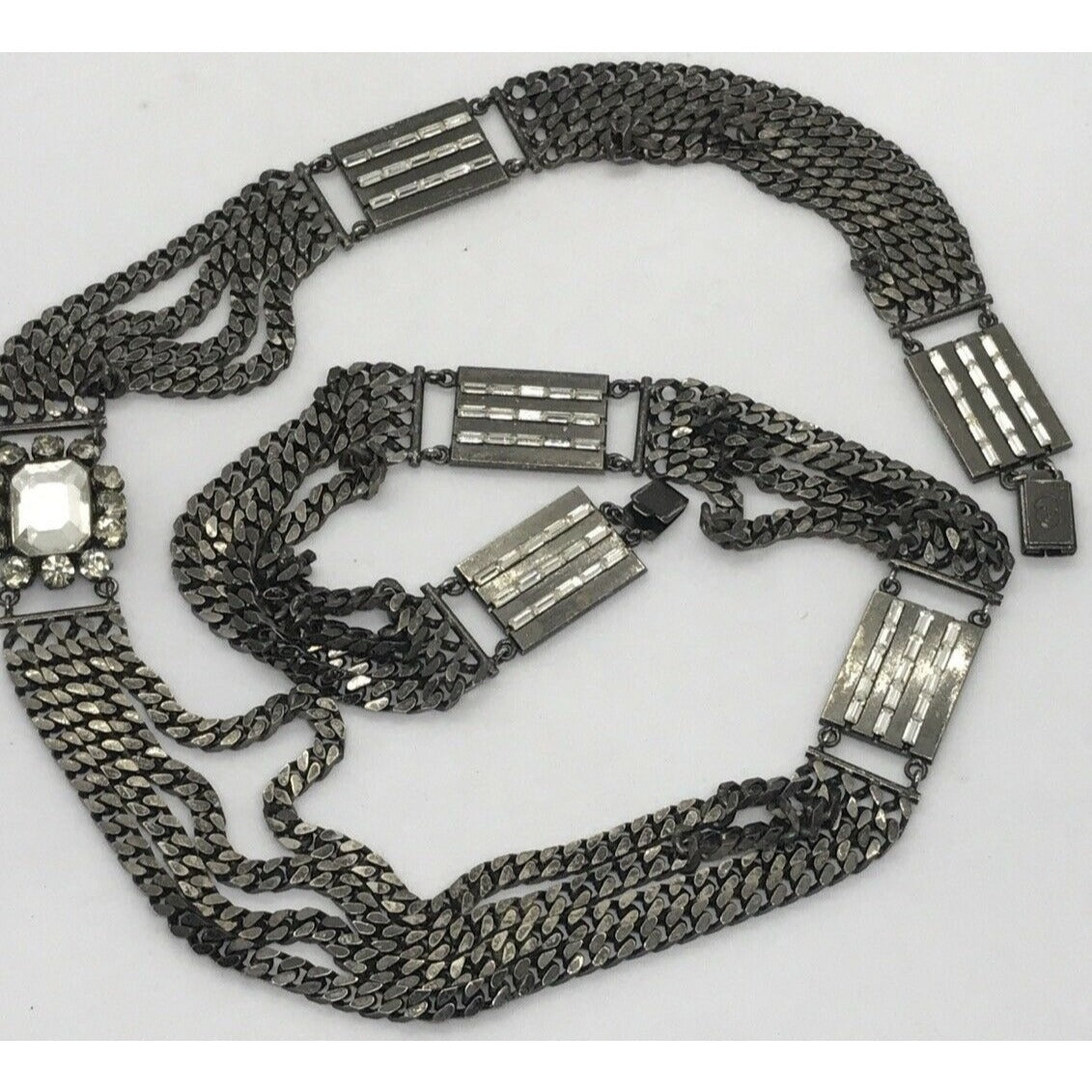Gucci sterling silver chain belt with clear rhinestone crystals and a petite GG clasp/buckle