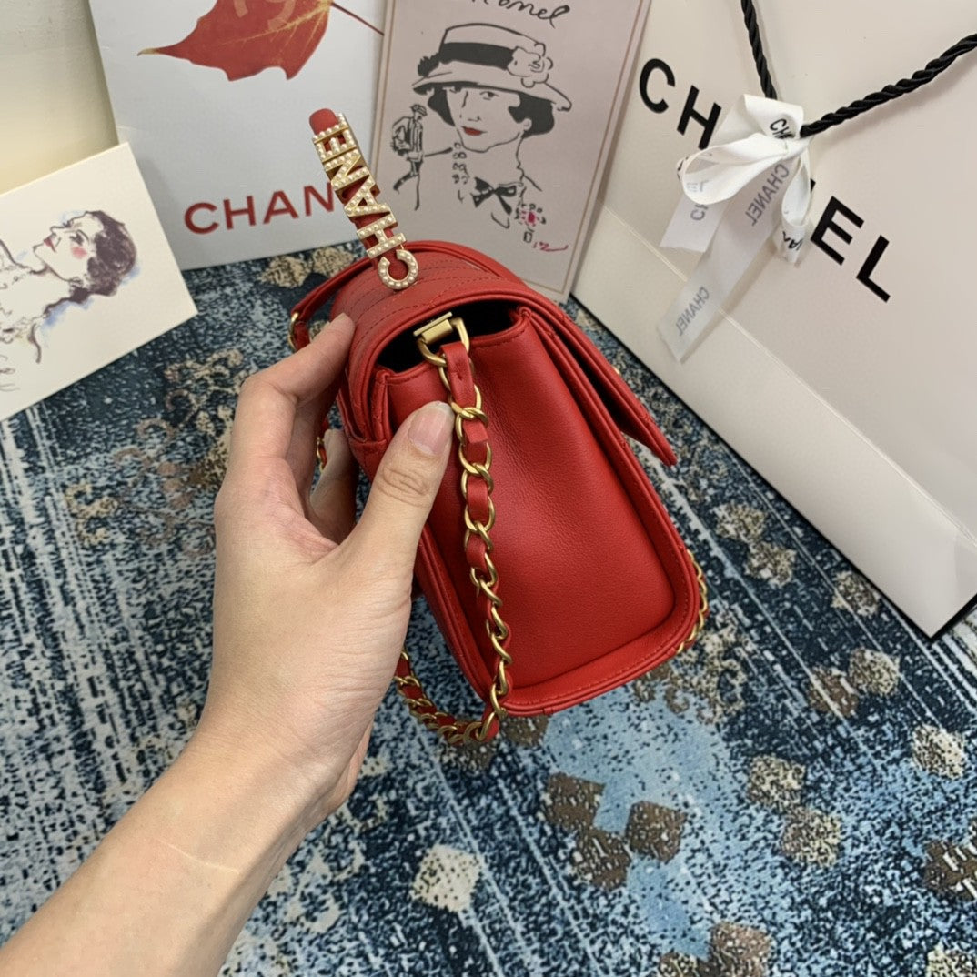 CHLSmall Flap Bag With Top Handle Gold Hardware Red For Women, Women’s Handbags, Shoulder Bags 7.9in/20cm AS2059