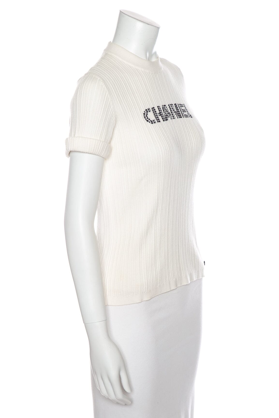 Chanel White "Chanel" Logo Short Sleeve Top SZ 40