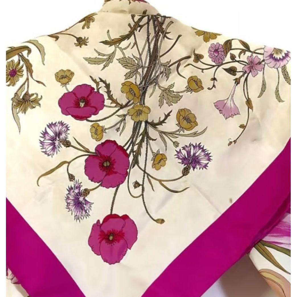 Gucci silk floral print scarf in purple, green, and yellow
