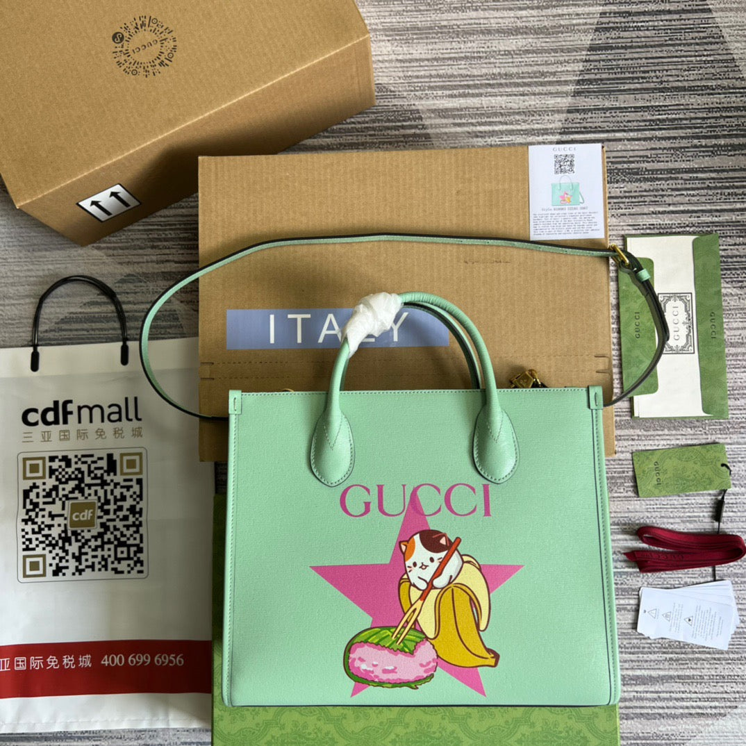 gg Bananya Print Small Tote Green For Women, Women’s Bags 12in/31cm gg 659983 U22AG 3067