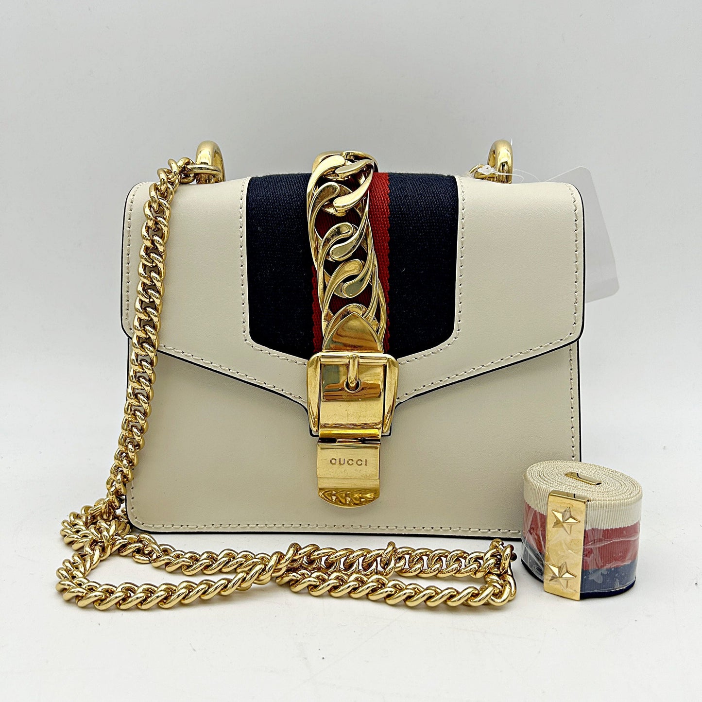 Gucci White Leather   Web Mini Sylvie Chain Shoulder Bag guht