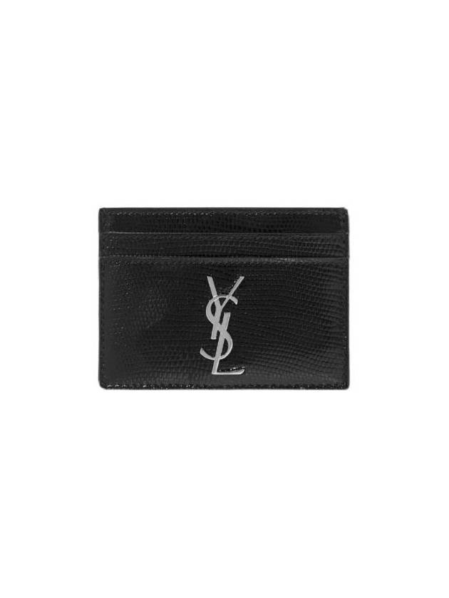 Luxury Saint Laurent Trending 2025 Monogram Lizard Effect Glossy Leather Card Holder Black Silver
