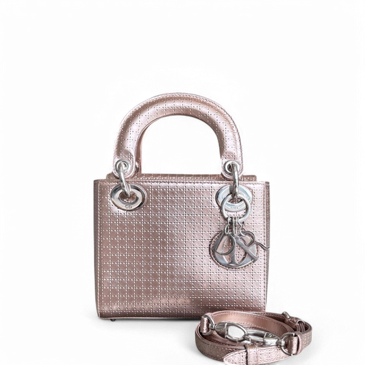 Dior Lady Mini - Micro Cannage Metallic Rose Gold Silver Hardware Adjustable Strap