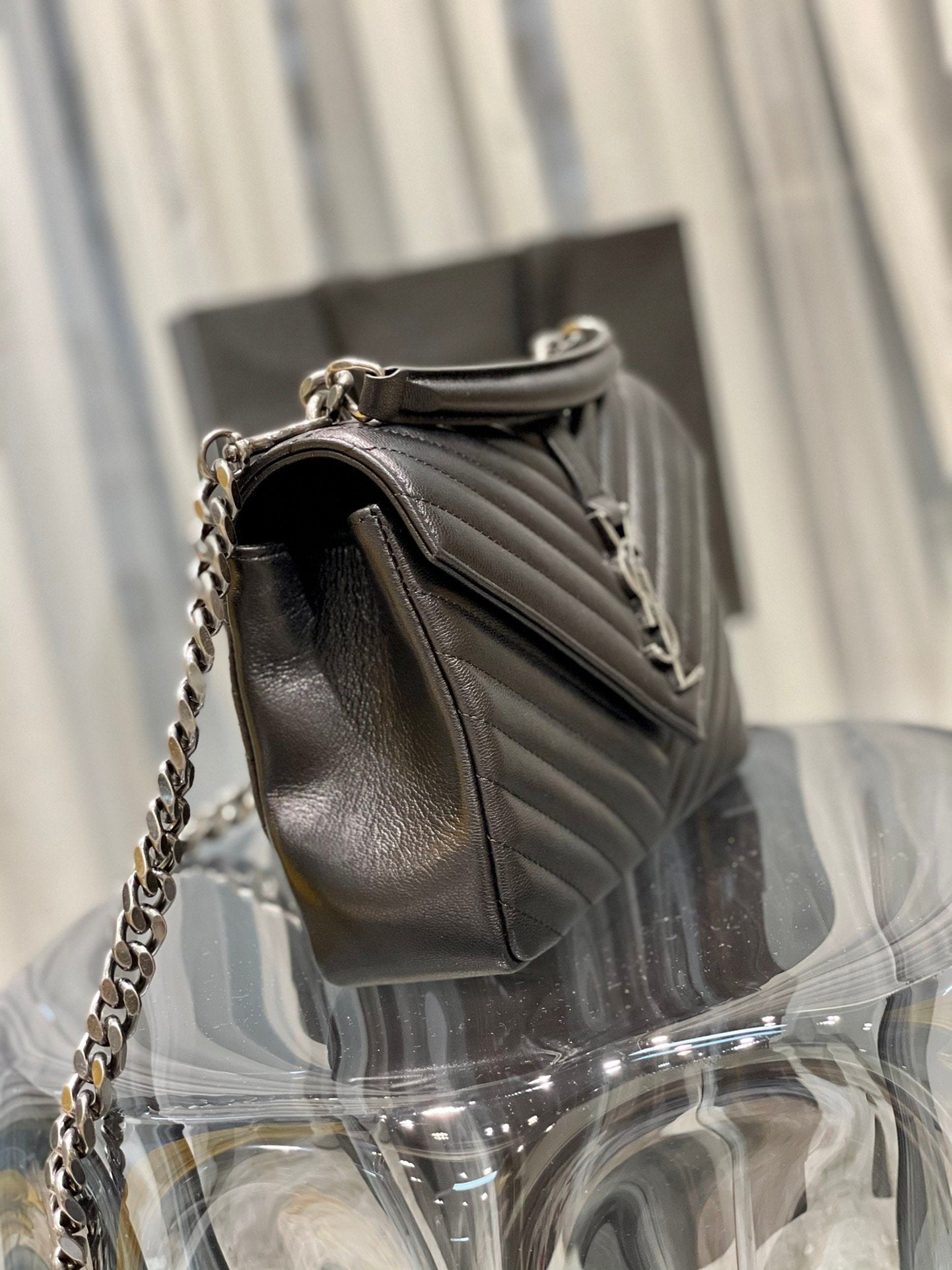YSSL College Medium Chain Bag Black Silver Toned Hardware For Women 9in/24cm YSL 600279BRM041000