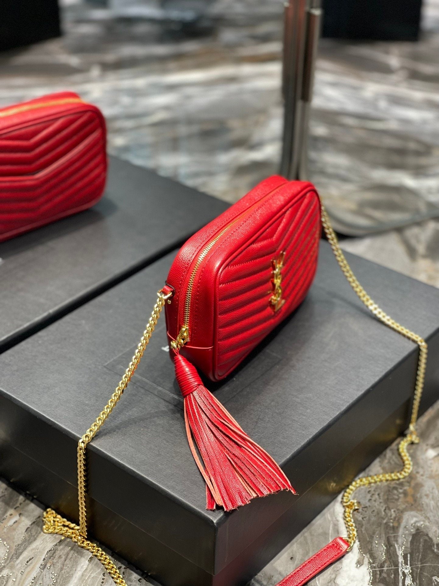 YSSL Lou Mini Bag Red In Quilted Grain De Poudre With Gold Hardware For Women 7in/19cm YSl 6125791GF076008
