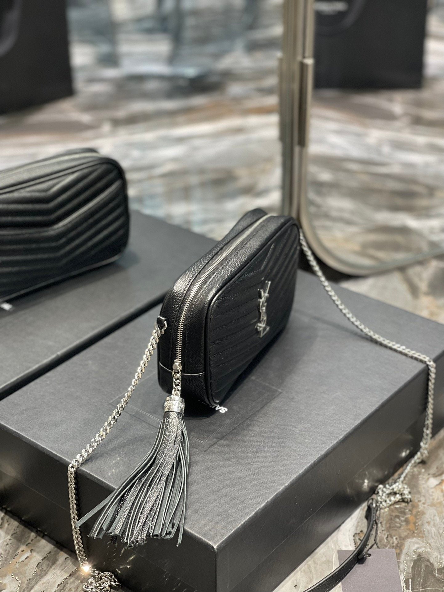 YSSL Lou Mini Bag Black In Quilted Grain De Poudre With Silver Toned Hardware For Women 7in/19cm YSl 6125791GF021000