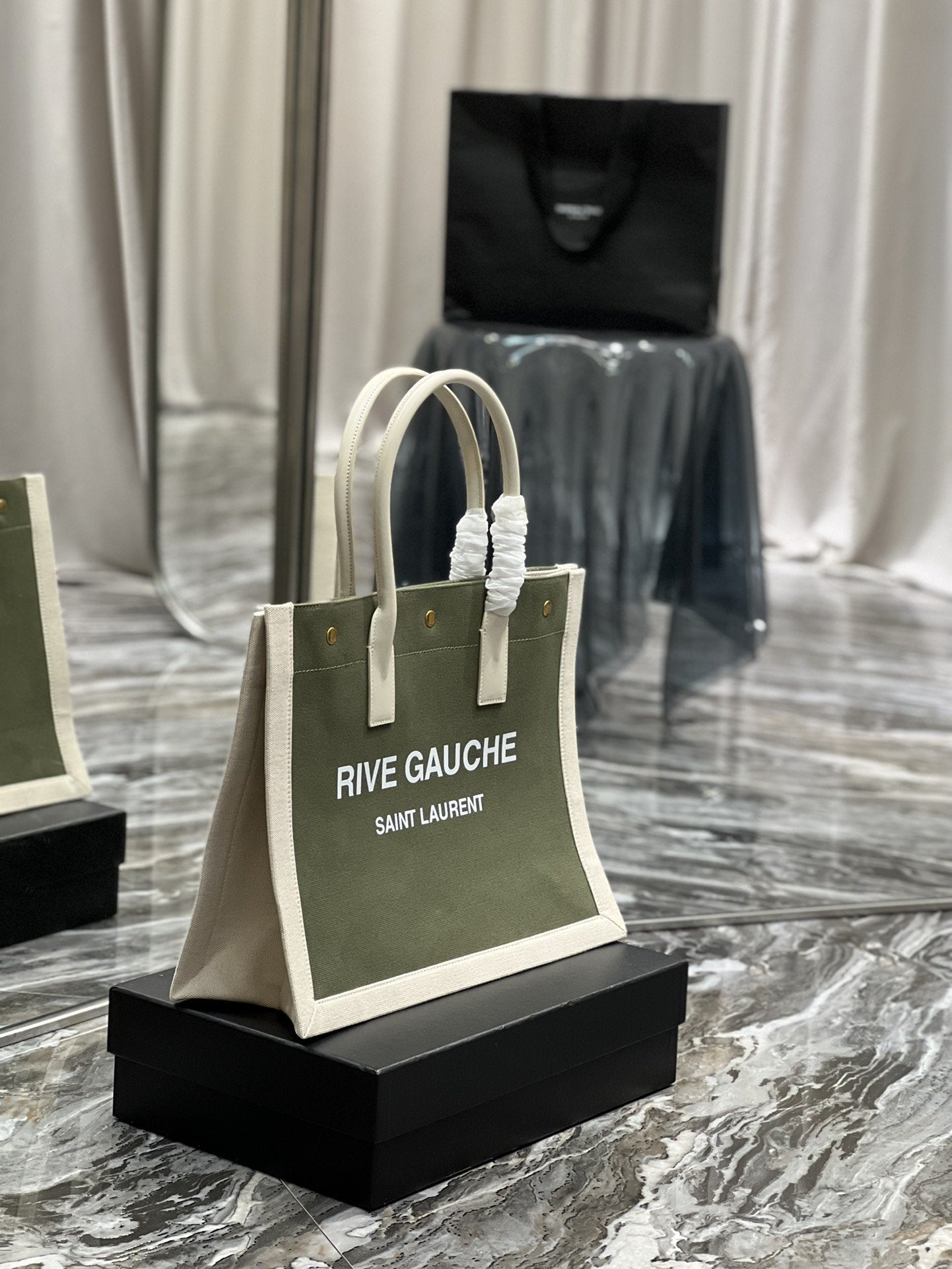 YSSL Rive Gauche Small Tote Bag In Linen Military Green For Women 15in/39cm YSL 617481FAADI3281