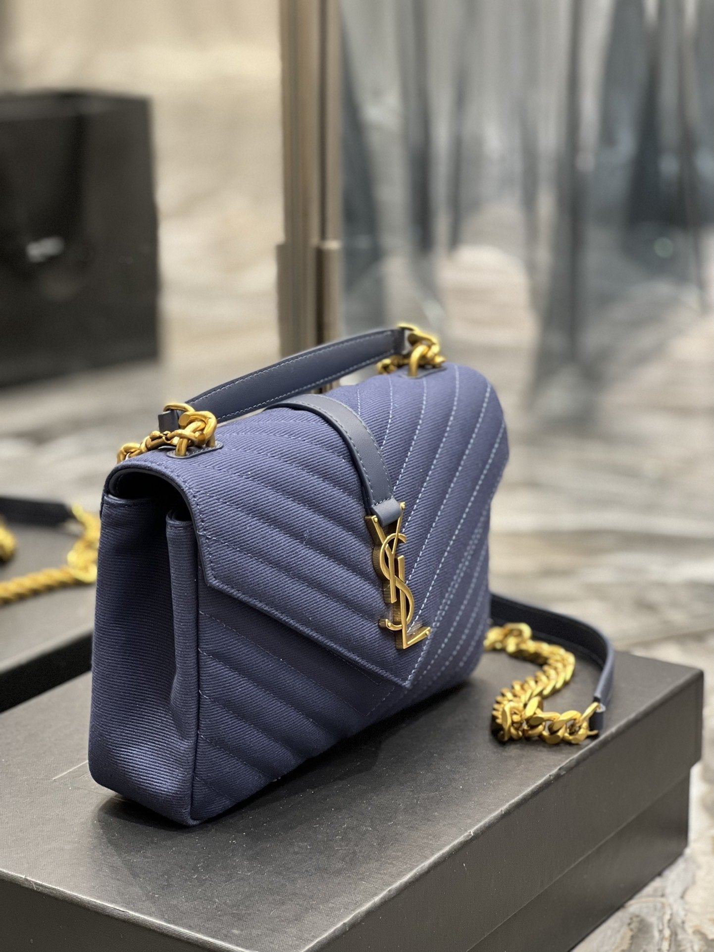 YSSL Envelope Medium Bag Marine In Mix Matelassé Grain De Poudre Embossed Material For Women 9in/24cm YSL 600185BOW914147
