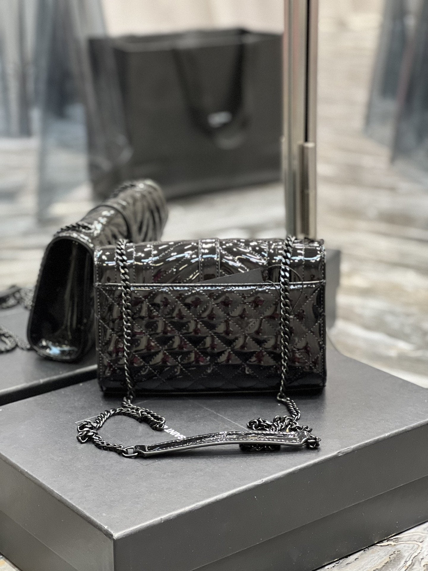 Top Quality Envelope Small Bag Black In Mix Matelassé Grain De Poudre Embossed Material For Women 8.2in/21cm YSL