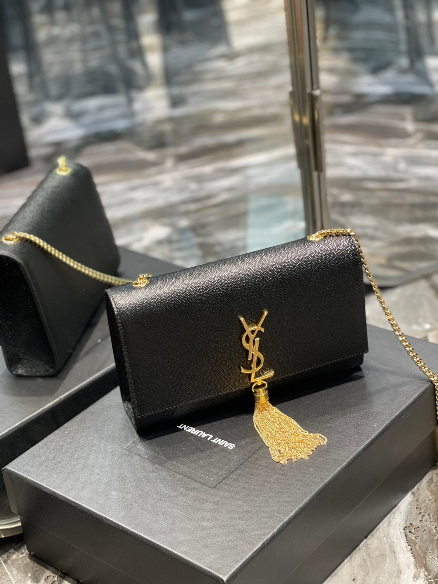 YSSL Kata Medium Chain Bag Black With Tassel For Women 9in/24cm YSL 354119BOW0J1000
