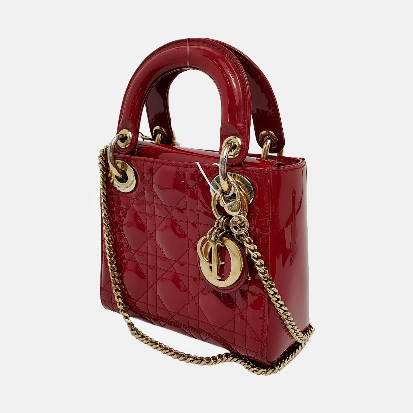 Lady Dior Mini Handbag Burgundy Red Patent Leather Gold-tone Chain Strap