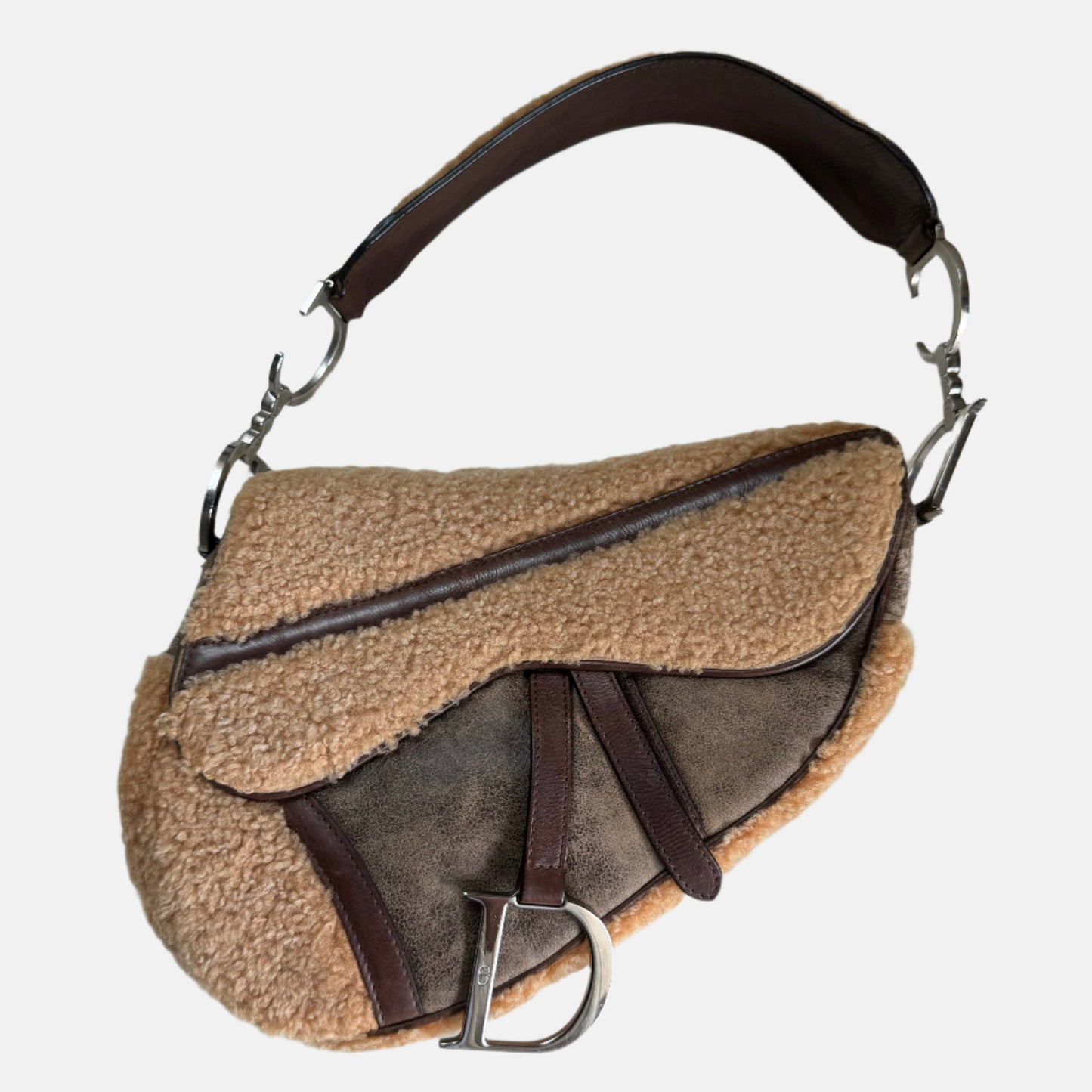 Dior Saddle   Shoulder Bag Shearling Brown and While