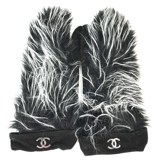 CHANEL Glove Nubuck black mitten type CC COCO Mark Fur Women 7.5