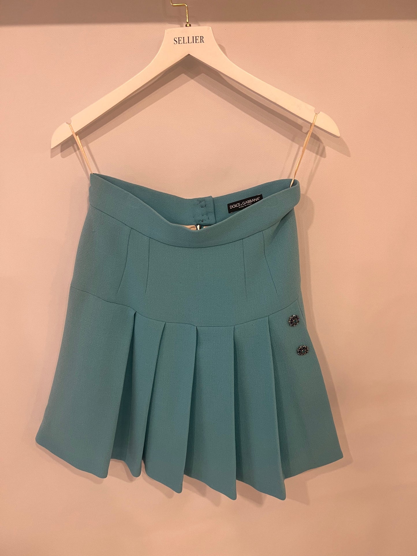 Dolce & Gabbana Light Blue Wool Pleated Mini Skirt with Crystal Embellished Buttons Size IT 42 (UK 10)