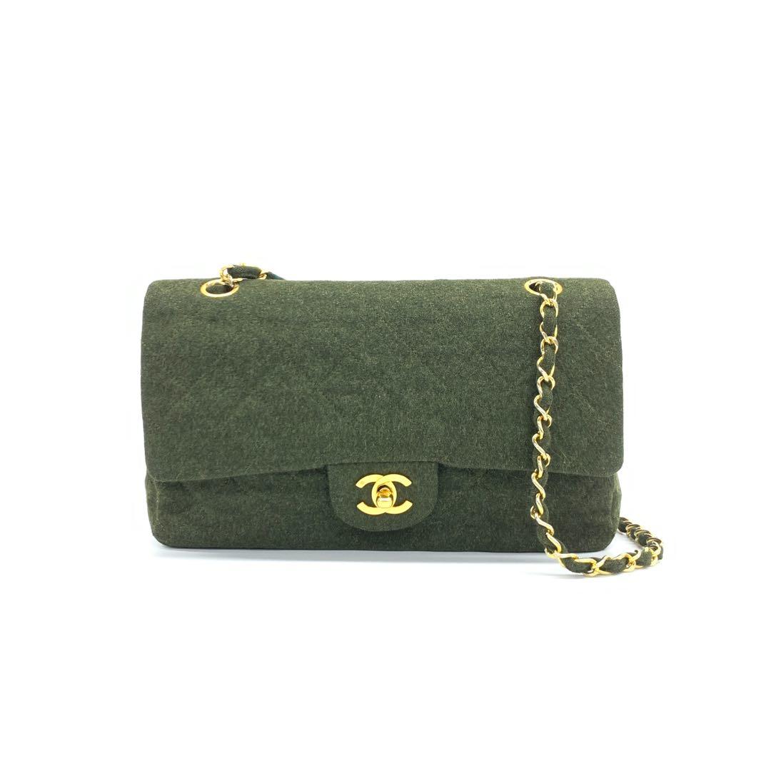 Chanel Classic Flap Khaki Green Wool   Double Flap Bag 24k Gold Hardware