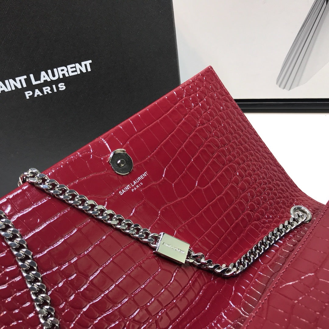 YSSL Kate Medium Chain Bag With Tassel In Embossed Crocodile Burgundy For Women 9in/24cm YSL