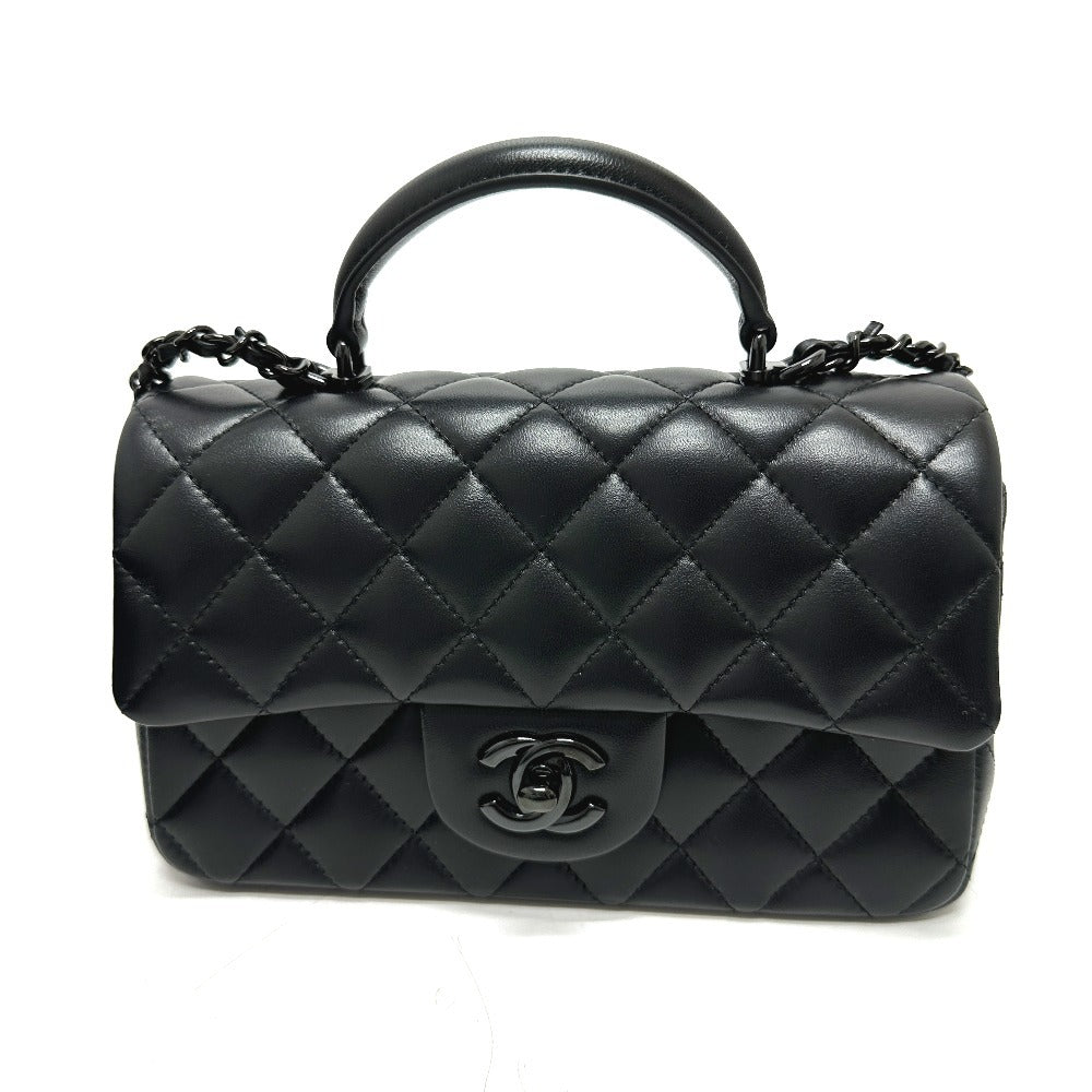 CHANEL Handbag lambskin black Matelasse 20 Quilting CC COCO Mark Top Handle So Black