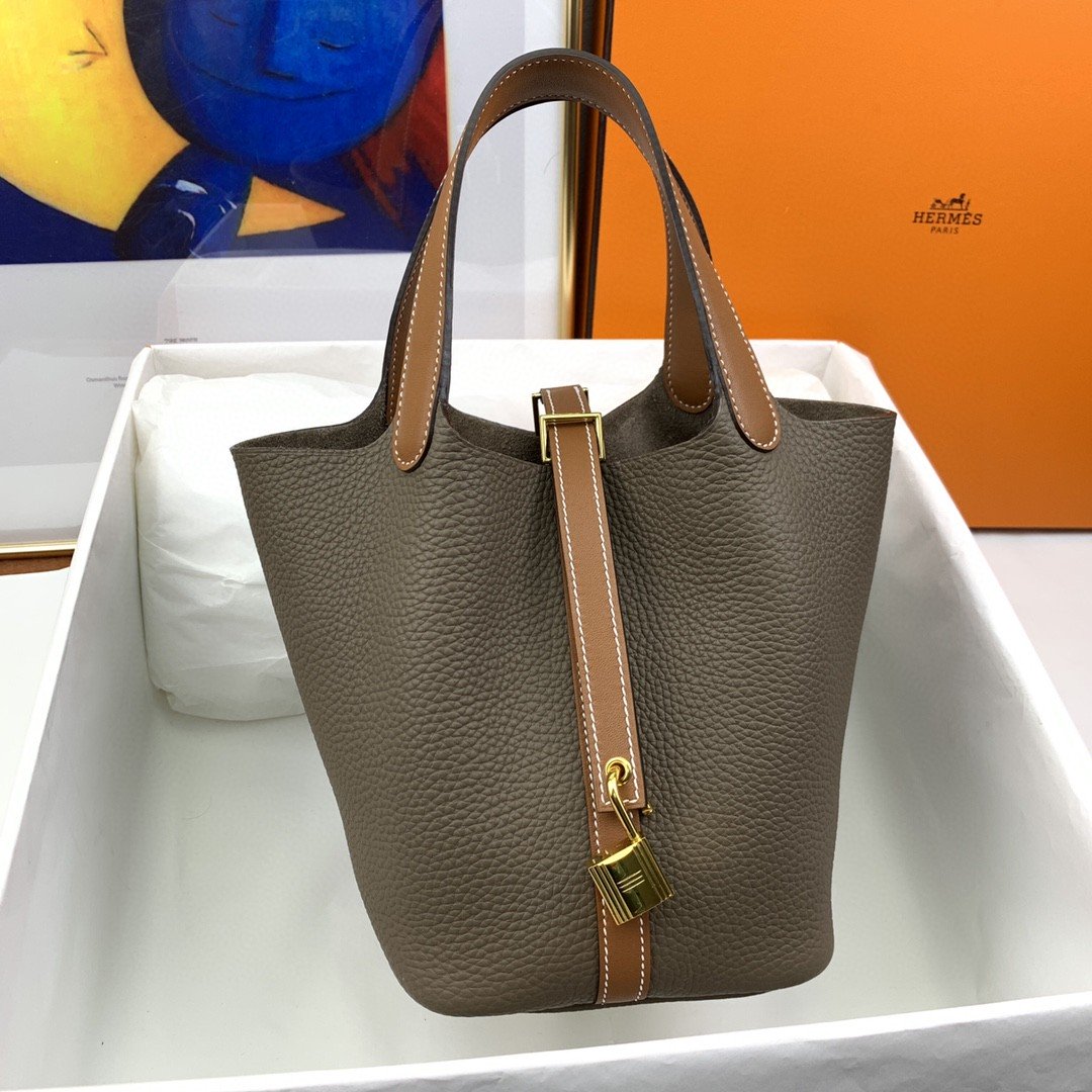 Top Quality Picotin Lock 18 Bag Etoupe/Brown With Gold-Toned Hardware For Women, Handbags 7.1in/18cm