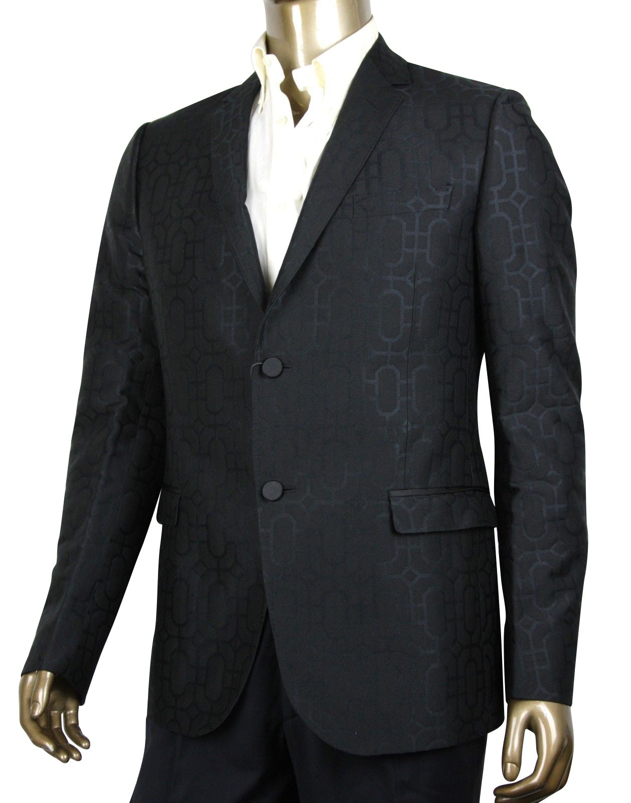 Gucci Men's Emerald Jacquard Dylan 60 Black Wool Silk 2 Buttons Jacket