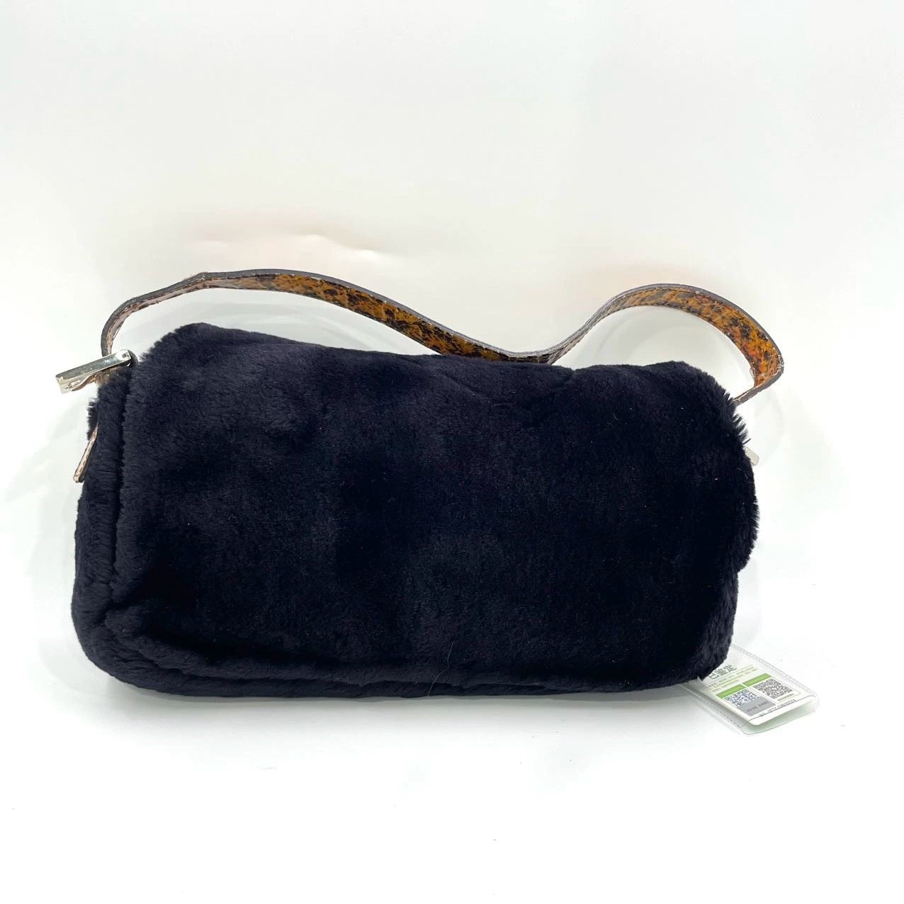 Fendi Baguette Black Faux Fur Snake Skin Strap Red Enamel Buckle Shoulder Bag