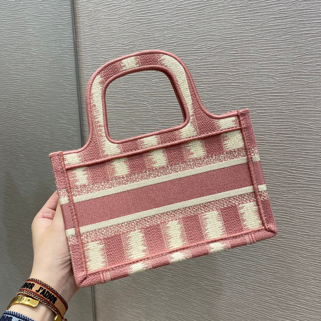 Top Quality Mini Book Tote Stripes Embroidery, Pink Handbags, 23cm CD