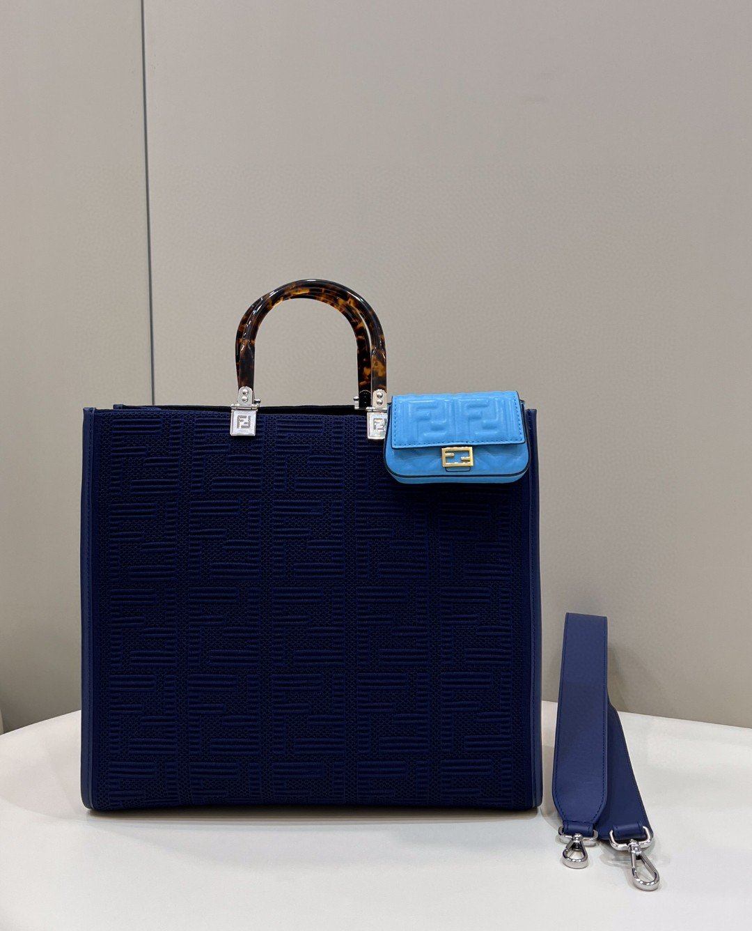 Top QualityTop Quality Sunshine Medium Navy Blue FF fabric shopper Bag For Woman 31cm/12in