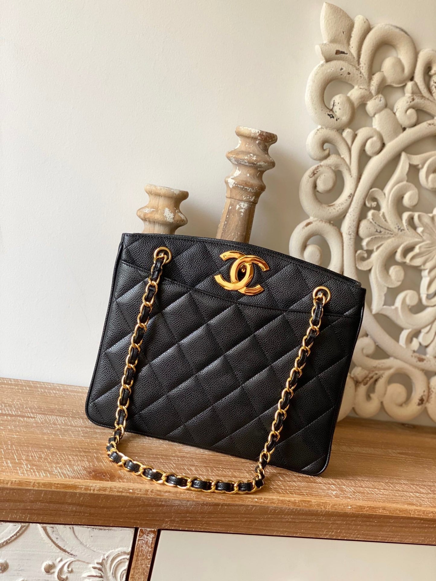 CHL Black Medium Quilted Caviar Tote Bag For Women 28cm/11in