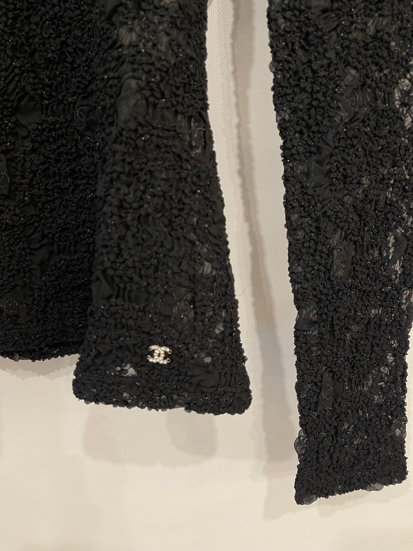 Chanel Black Lace Tulle Top and Cyclist Shorts Set with Camelia Details and Crystal CC Logos Size FR 34 (UK 6)