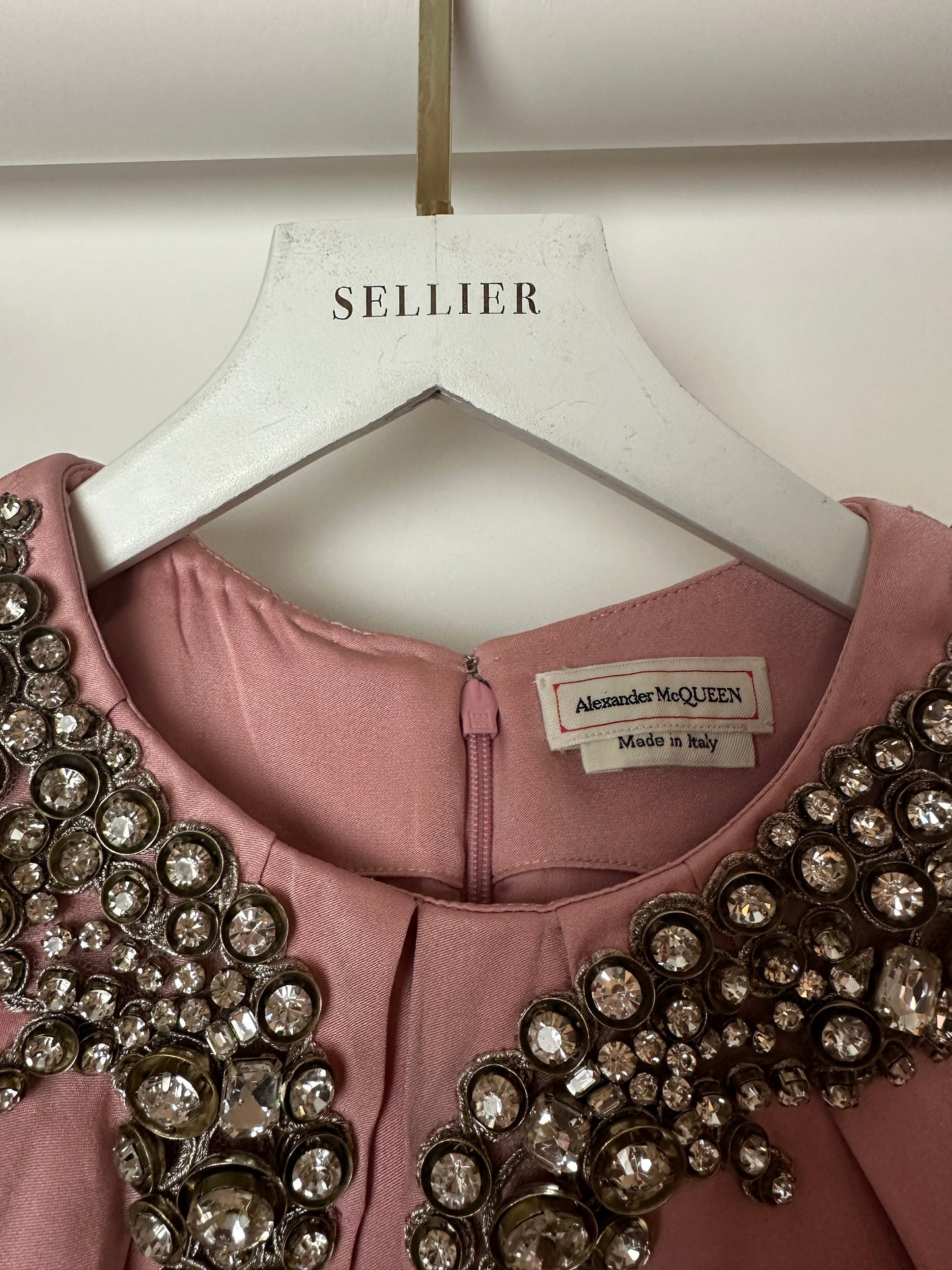 Alexander McQueen Pink Cape-Shoulder Satin Gown with Crystal Neckline & Belt Detail Size IT 42 (UK 10)