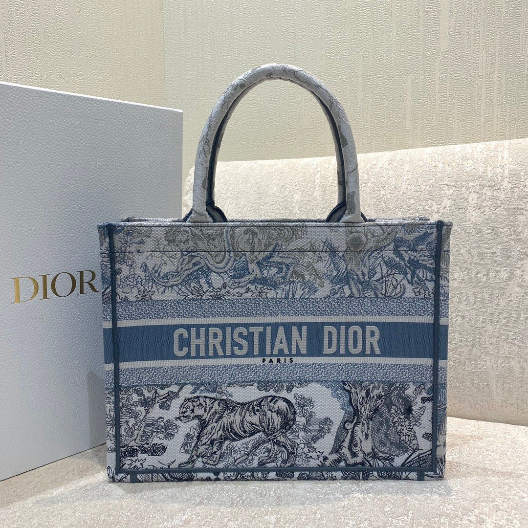 Top Quality MeTop Qualityum Book Tote Blue Toile de Jouy Reverse Embroidery, Blue, For Women Womens Handbags, Shoulder Bags, 36cm CD M1296ZRGO_M928