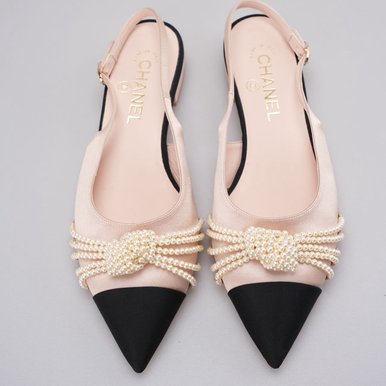 Chanel Satin Grosgrain Pearl Slingback Flats Pink/Black Size 38