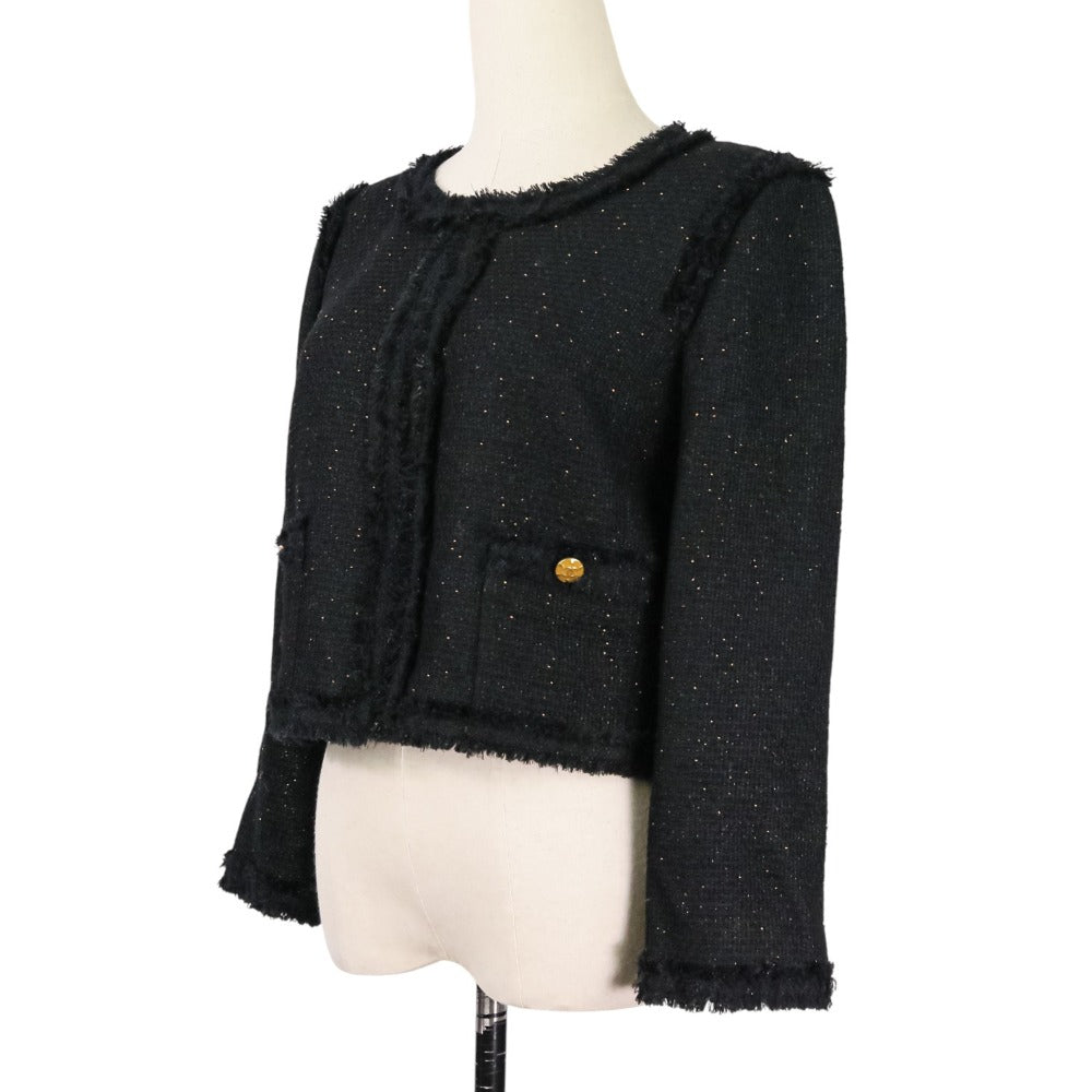 Chanel Coco Mark Button Tweed Collarless Short Jacket