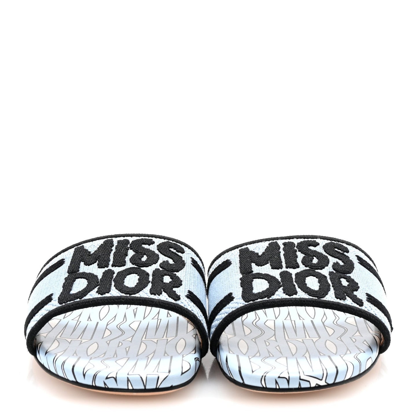 Christian Dior Canvas Miss Dior Embroidered Dway Flat Slide Sandals 37.5 Azure Pale
