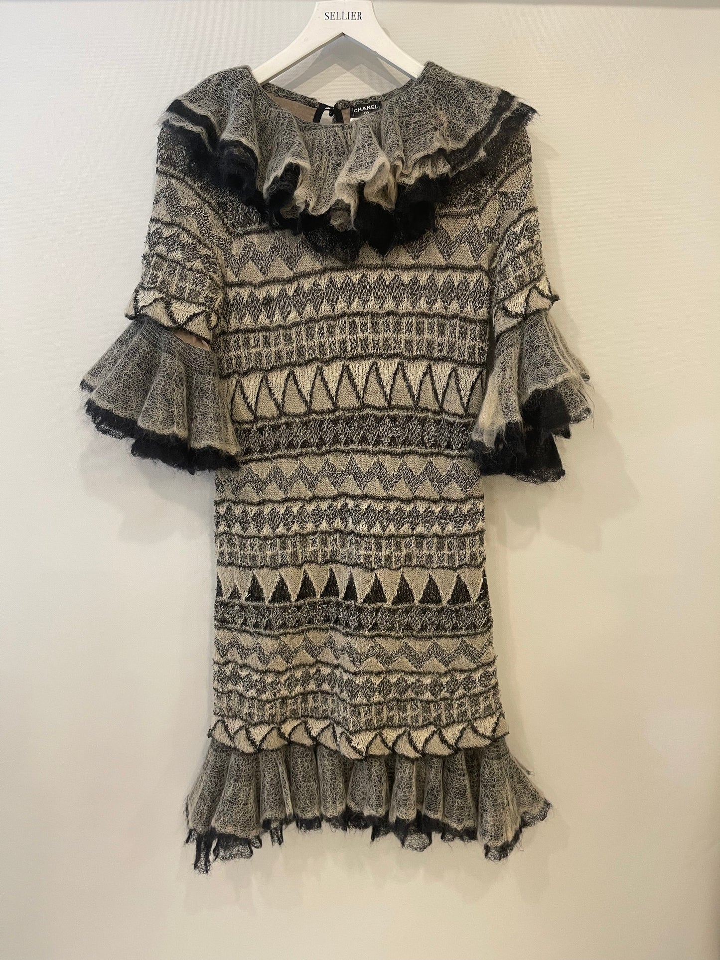 Chanel 2009 Paris-Moscow Black, Grey, Beige Wool and Mohair Mini Ruffle Dress Size FR 38 (UK 10) RRP £3,650