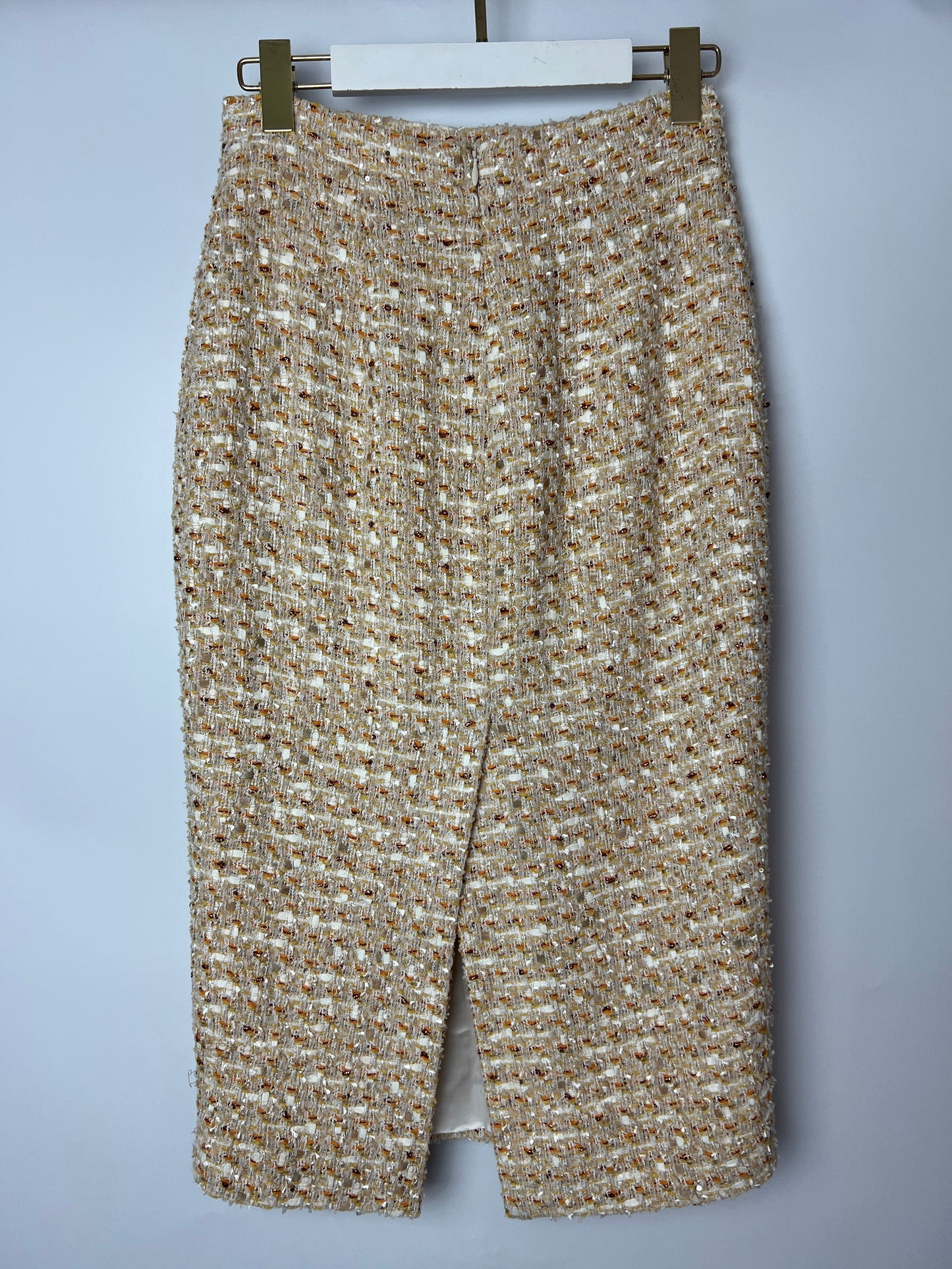 Alessandra Rich Beige, Yellow and Orange Tweed Midi Skirt Size IT 40 (UK 8)