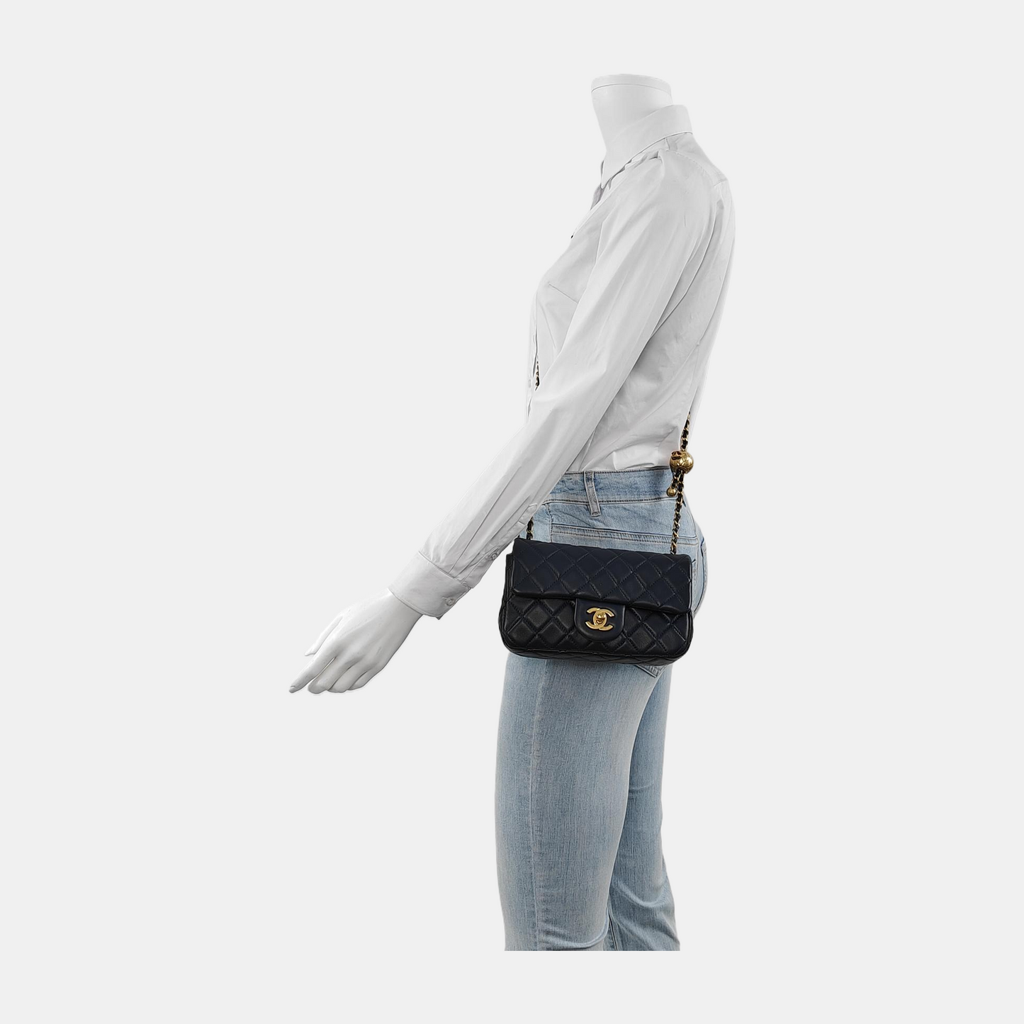 Chanel Classic Flap Rectangular Mini Navy Lambskin Pearl Crush Adjustable Gold Ball Chain