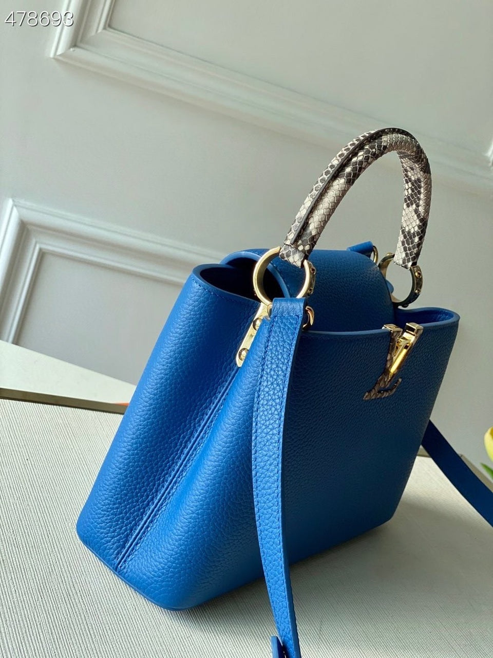 Top Quality Woven Capucines Python Handle Bag 27cm Taurillon Leather Spring/Summer 2021 Collection N98388, Blue
