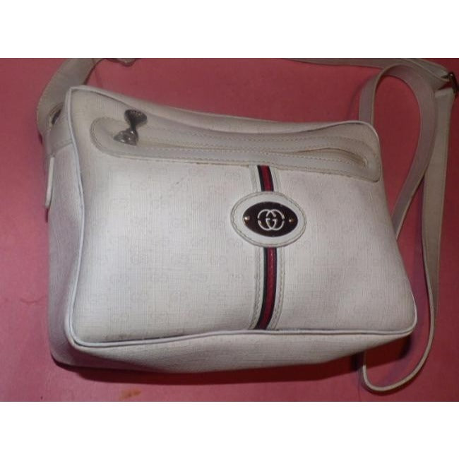Gucci   White Leather White Small G Logo Print Coated Canvas And Red Blue Stripe