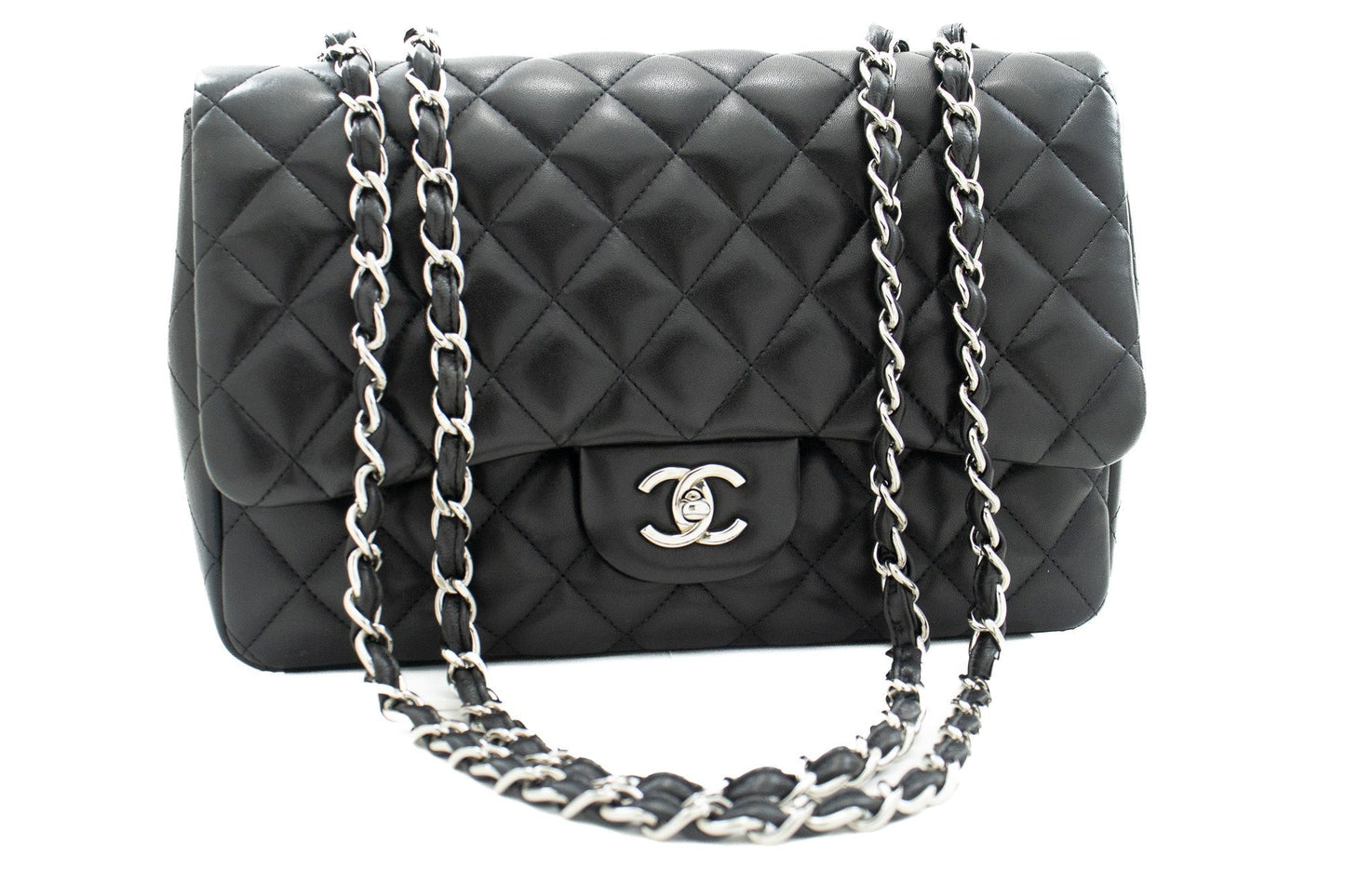 CHANEL Classic Large 11" Chain Shoulder Bag Flap Black Lambskin