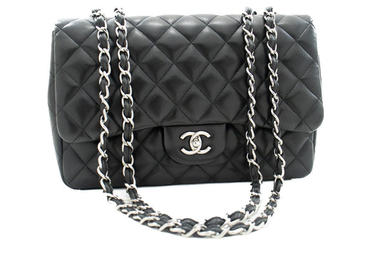 CHANEL Classic Large 11" Chain Shoulder Bag Flap Black Lambskin