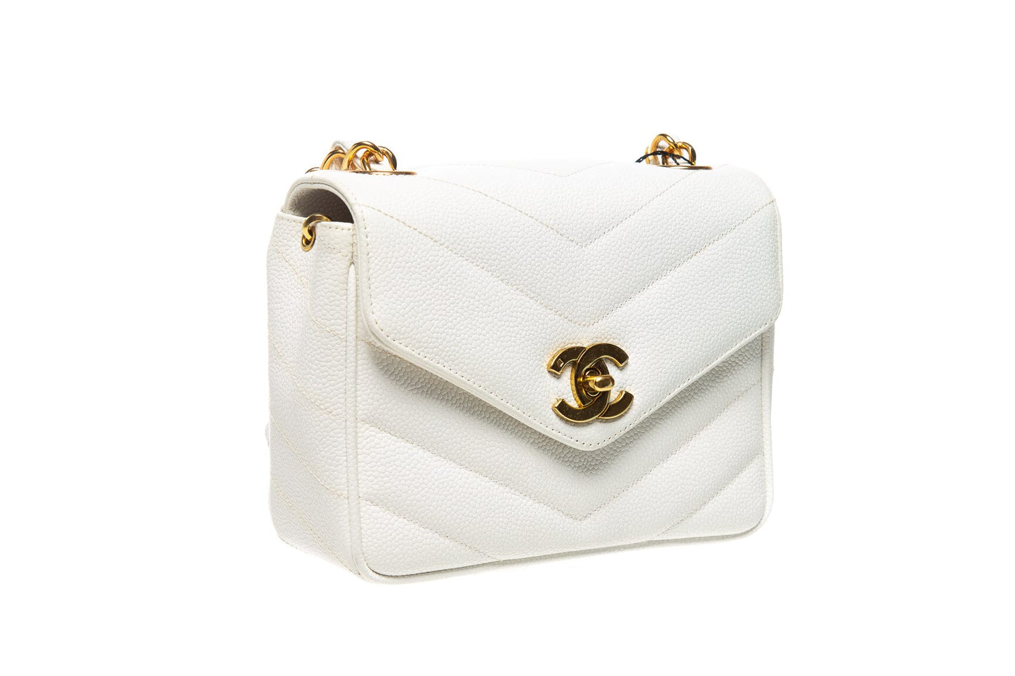 Chanel   White Chevron Caviar Leather Turn Lock Shoulder Bag