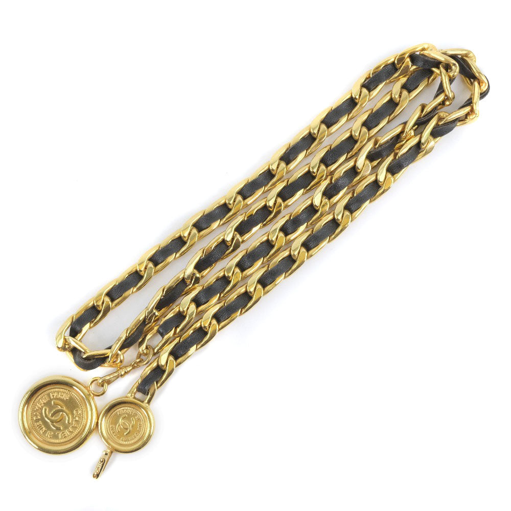CHANEL belt Leather, Plated Gold black Chain belt Women  d