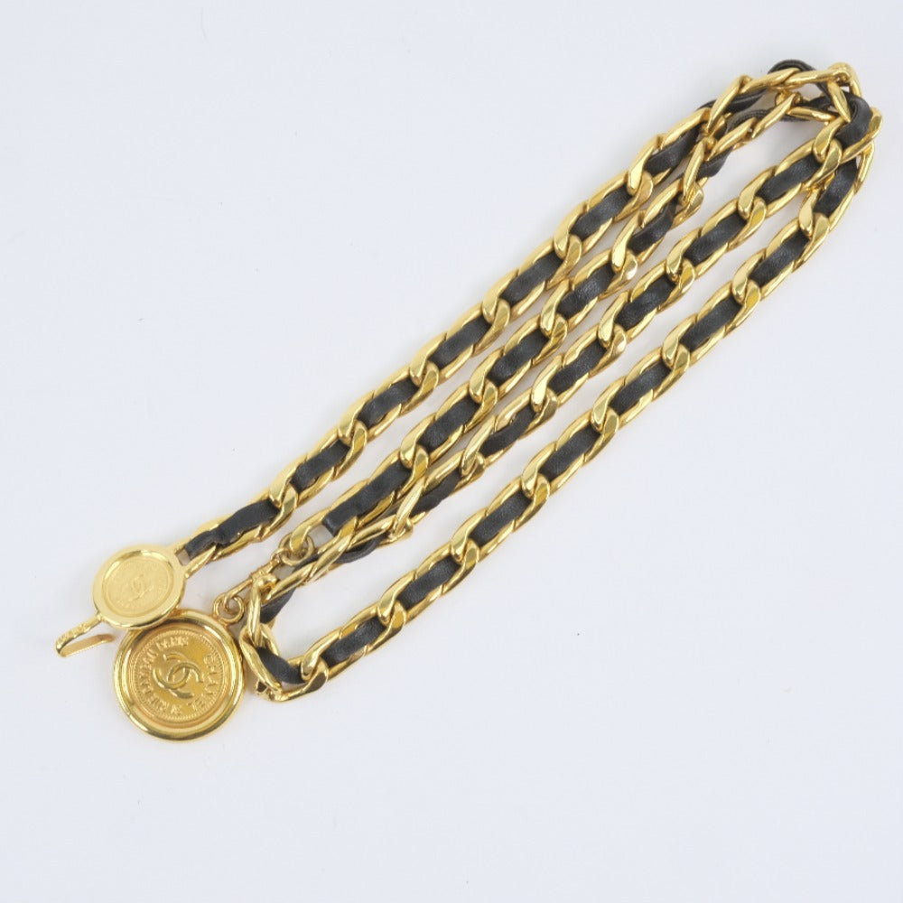 CHANEL belt Leather, Plated Gold black Chain belt Women  d
